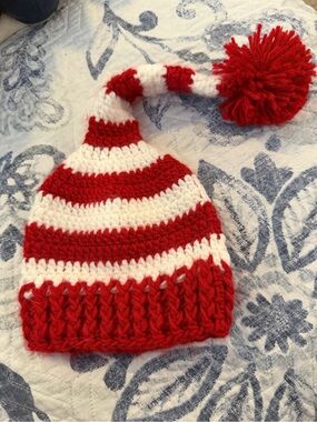 Kids Red & White Striped Pom Pom Beanie - Unbranded